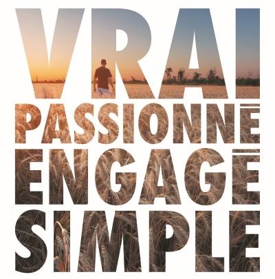 Key visual GMP : vrai - passionné - engagé - simple sur fond de champ avec un agriculteur