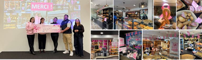 Mosaique de photos : remise de chèque pour la ligue contre le cancer + mise en avant boutique de l'opération chez nos clients boulangers
